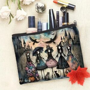 Gothic Style Makeup Pouch with Witches, Black Cats & Owls Design 8.5” x 6.5”